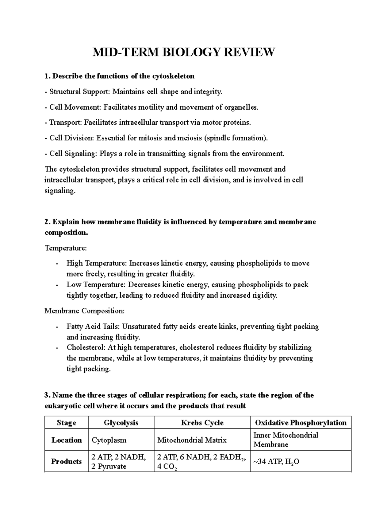 MID-TERM Biology Review - MID-TERM BIOLOGY REVIEW Describe the ...