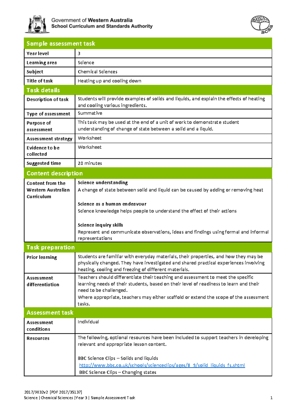 Science Chemical Sciences Year 3 Sample Assessment Task: Heating ...