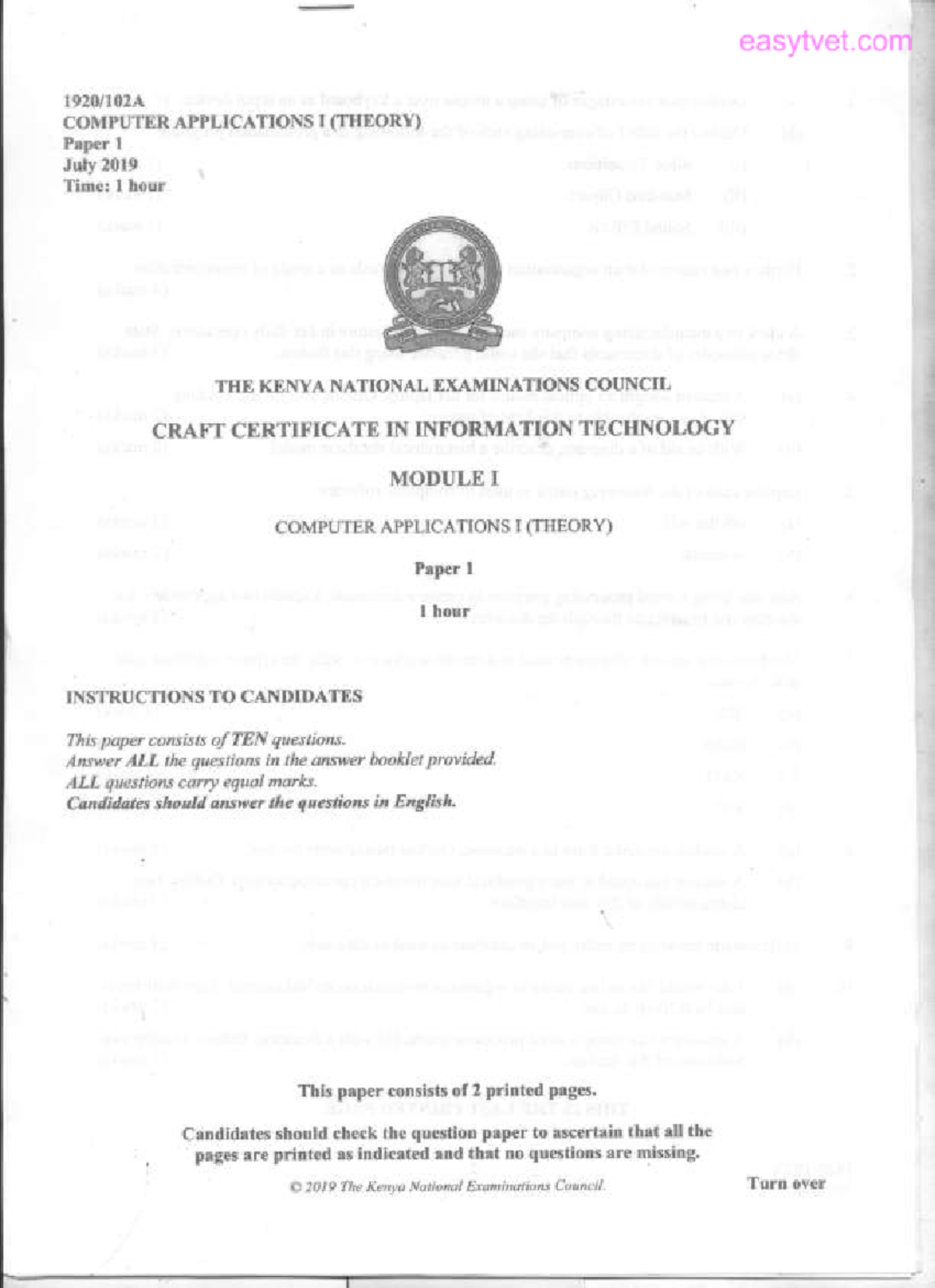 COMPUTER APPLICATIONS I (THEORY) Paper 1 Revision Notes - July 2019 ...