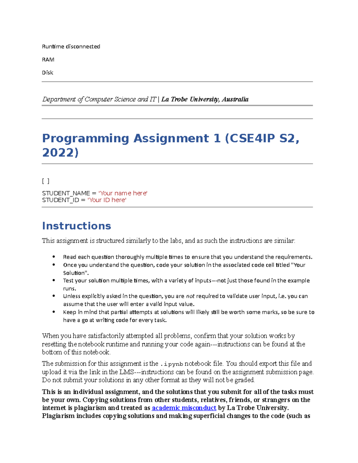 Programming Assignment 1 - Intro to Programming (CSE4IP S2, 2022) - Studocu
