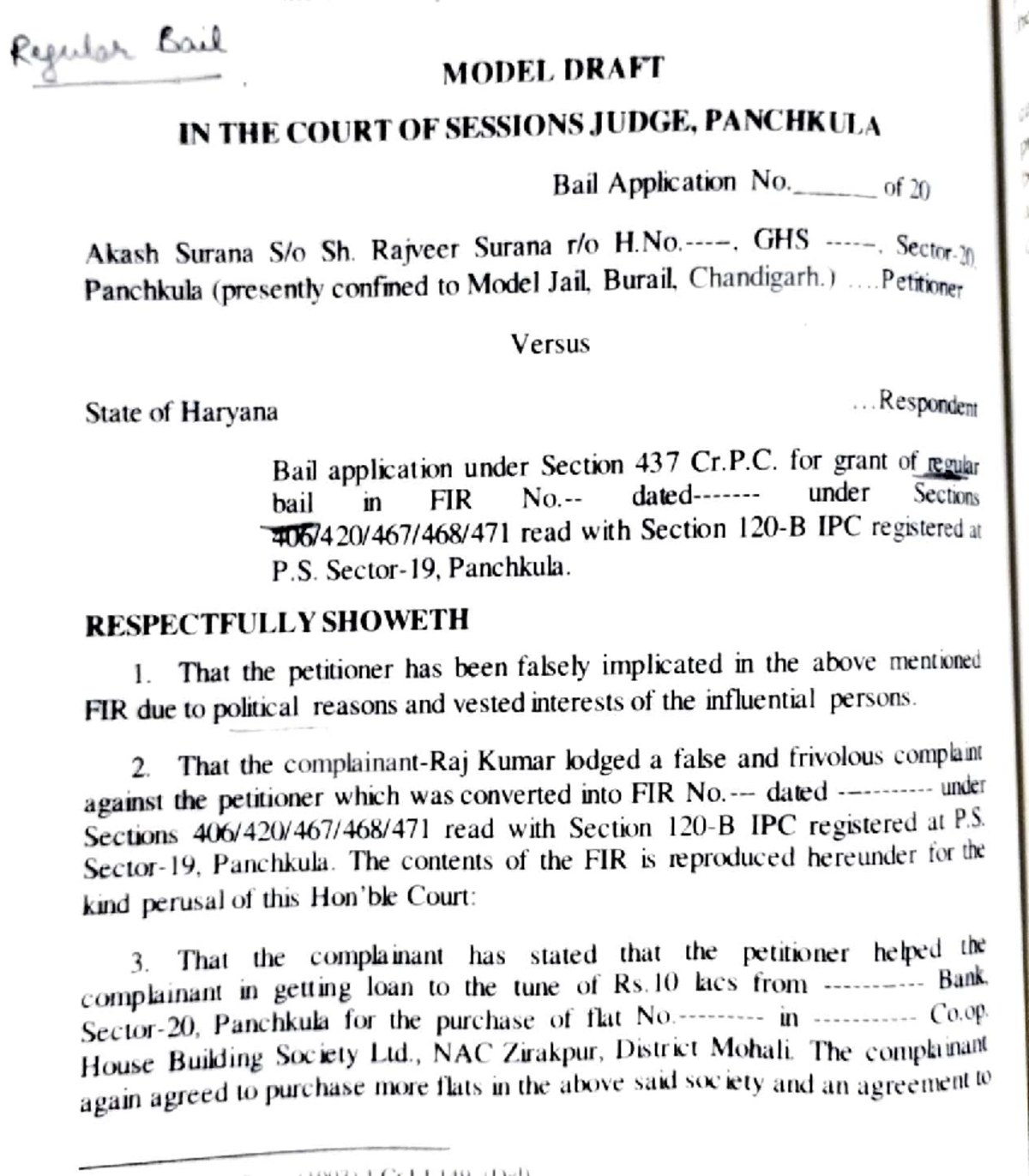 Bail Application Draft - Sessions Court, Panchkula (No. 20) - Studocu