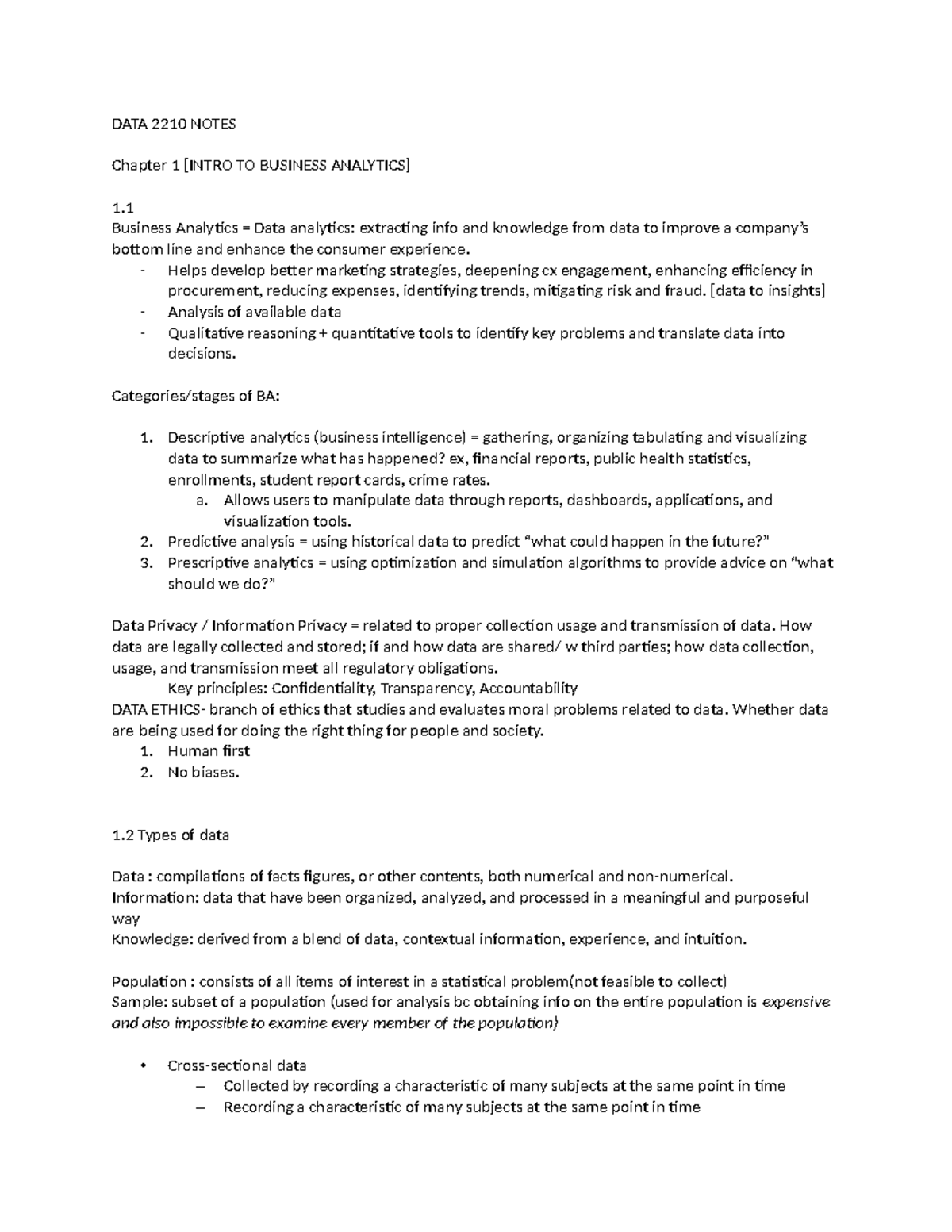 DATA 2210 Business Analytics Overview and Key Concepts Notes - Studocu