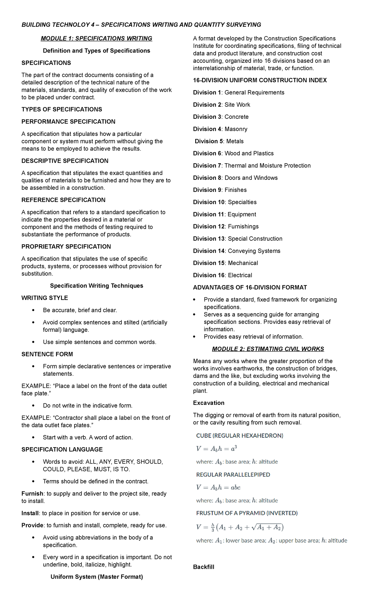 Building Tech 4 - Specs Writing & Quantity Surveying Guide - Studocu