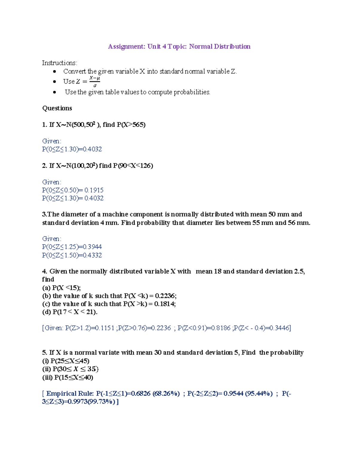 Unit 4 Assignment: Normal Distribution & Probability Calculations - Studocu