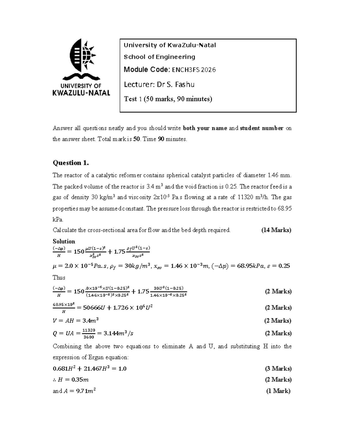 ENCH3FS 2026 Test 1 Solutions and Calculations - Studocu