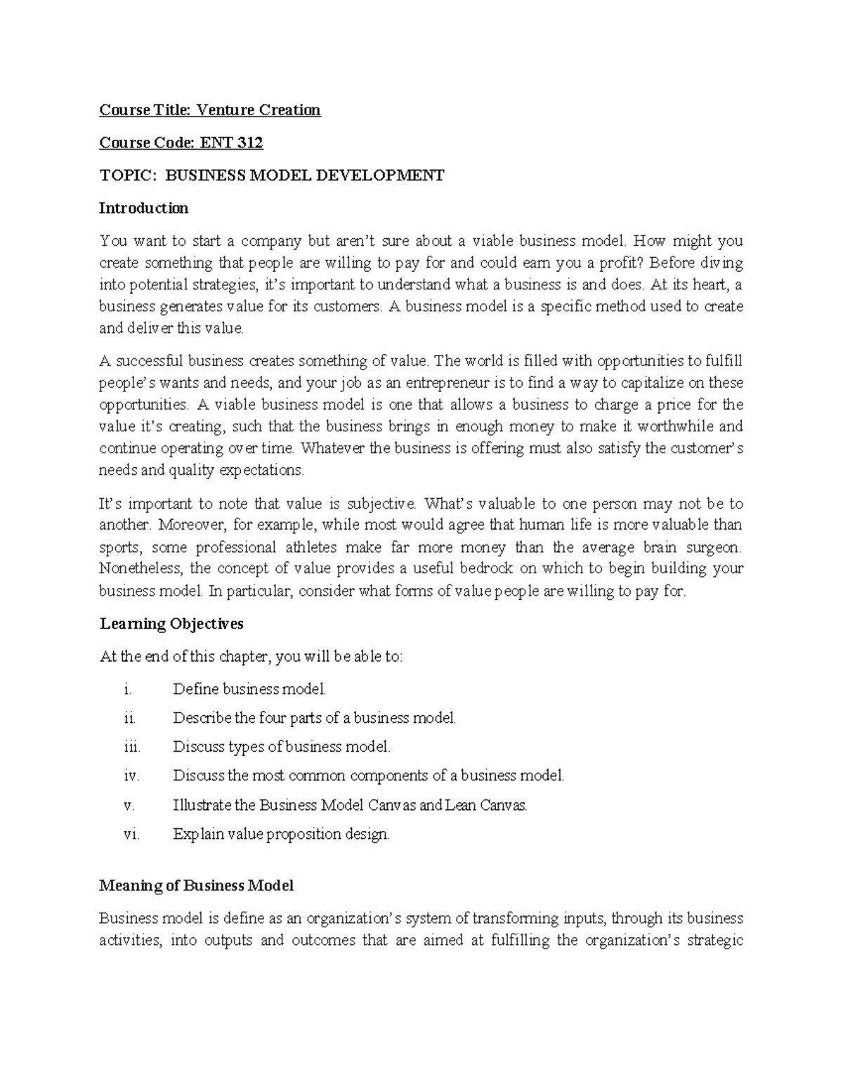 Business Model Development Notes - ENT 312 - Studocu