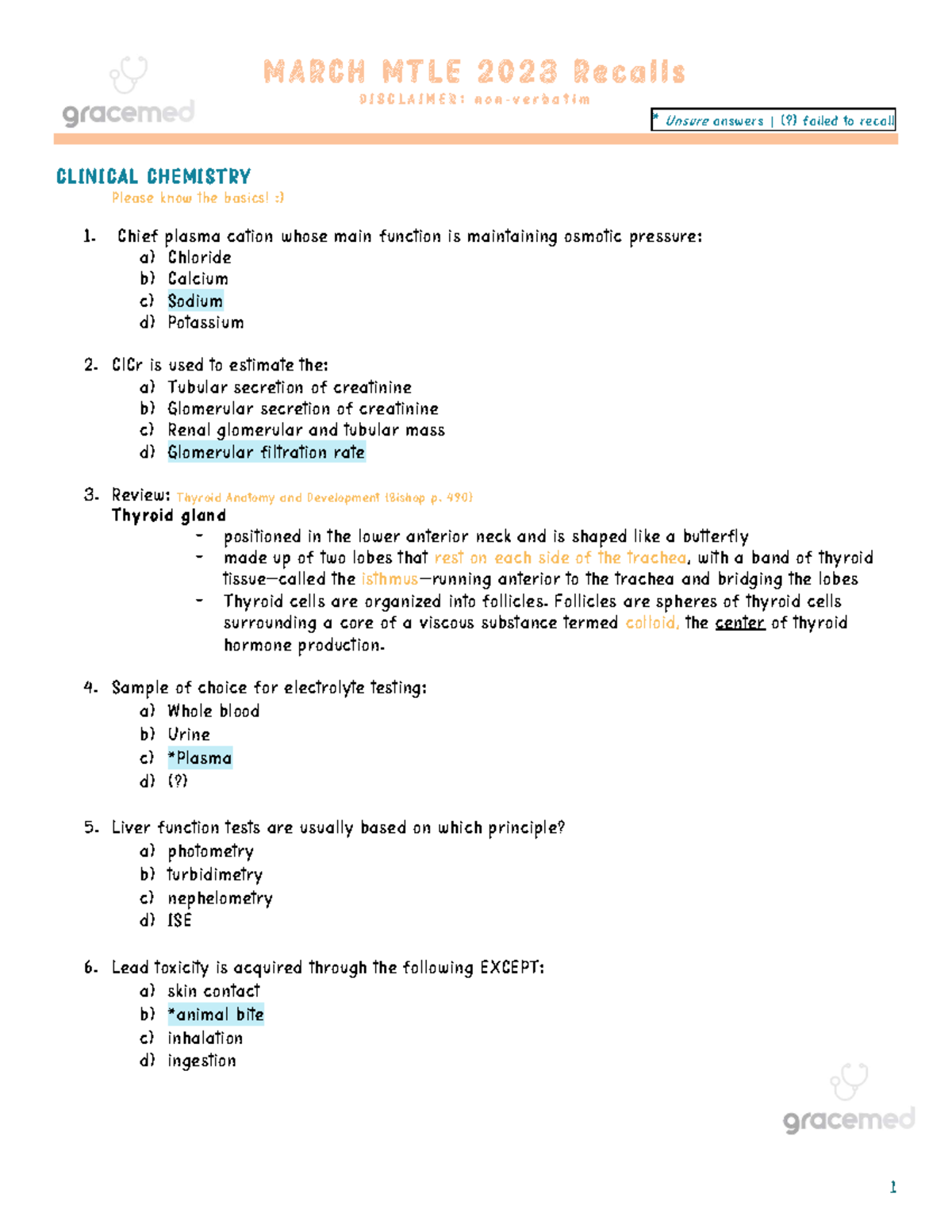 March MTLE 2023 Clinical Chemistry Recall Notes - Studocu