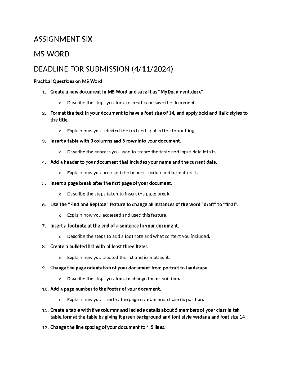 COMP101 Assignment SIX - ASSIGNMENT SIX MS WORD DEADLINE FOR SUBMISSION ...