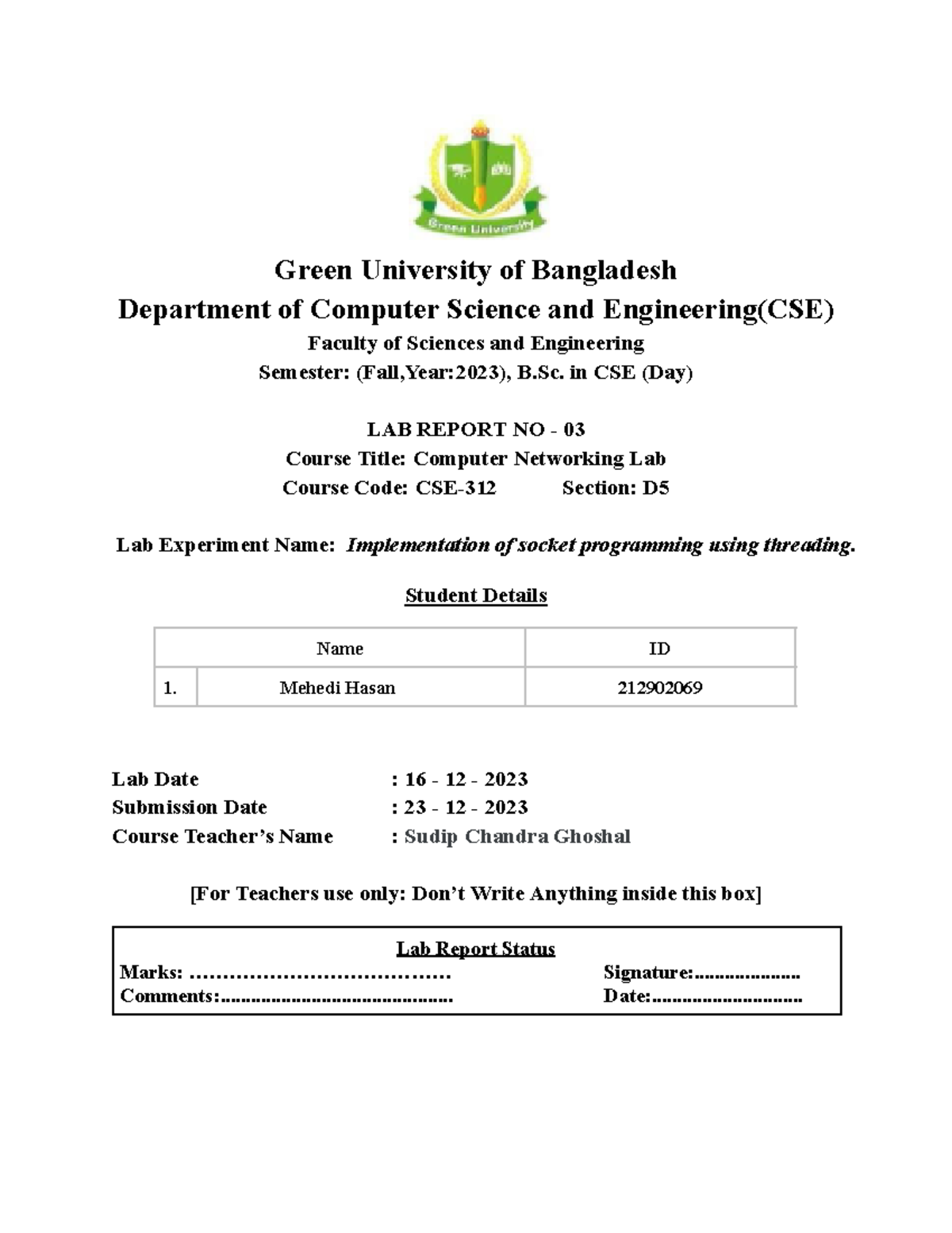 CSE-312 Lab Report 3: Socket Programming with Threading in Java - Studocu