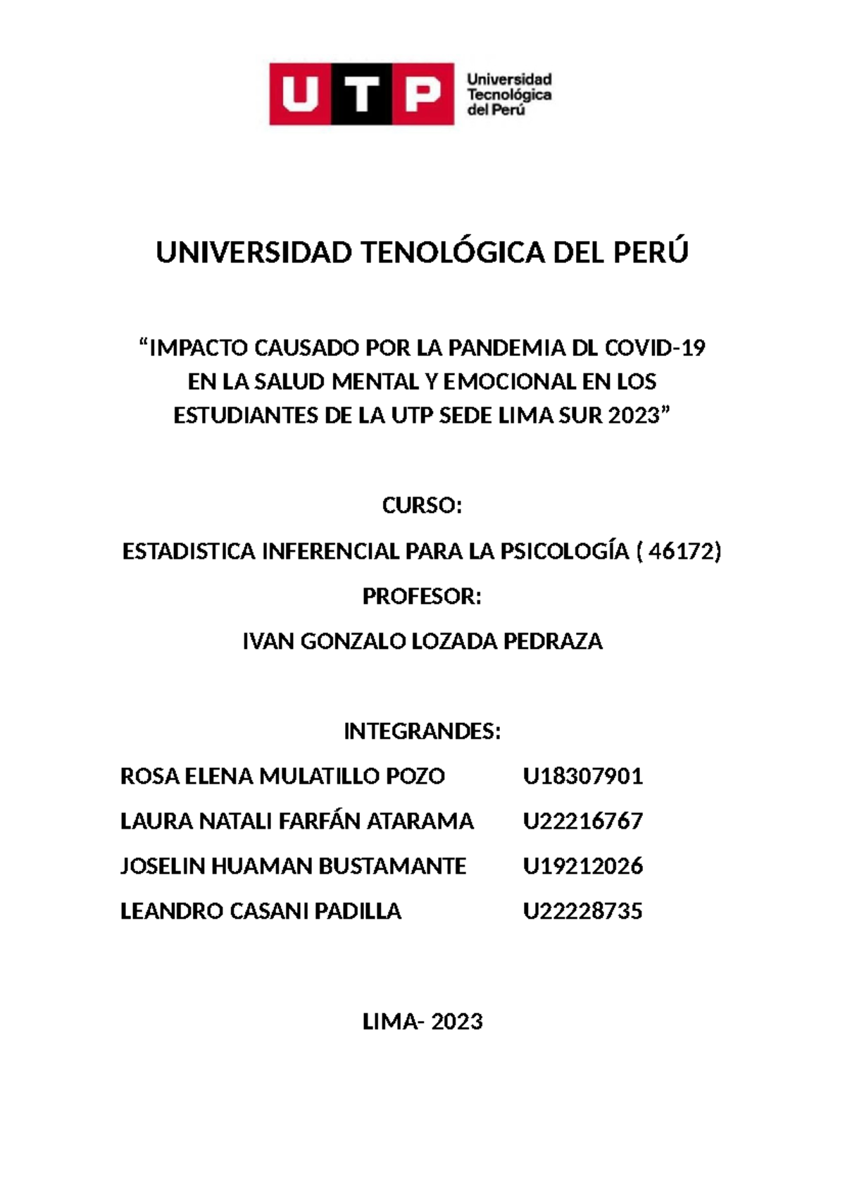 Impacto de la Pandemia en Salud Mental de Estudiantes UTP 2023 ...