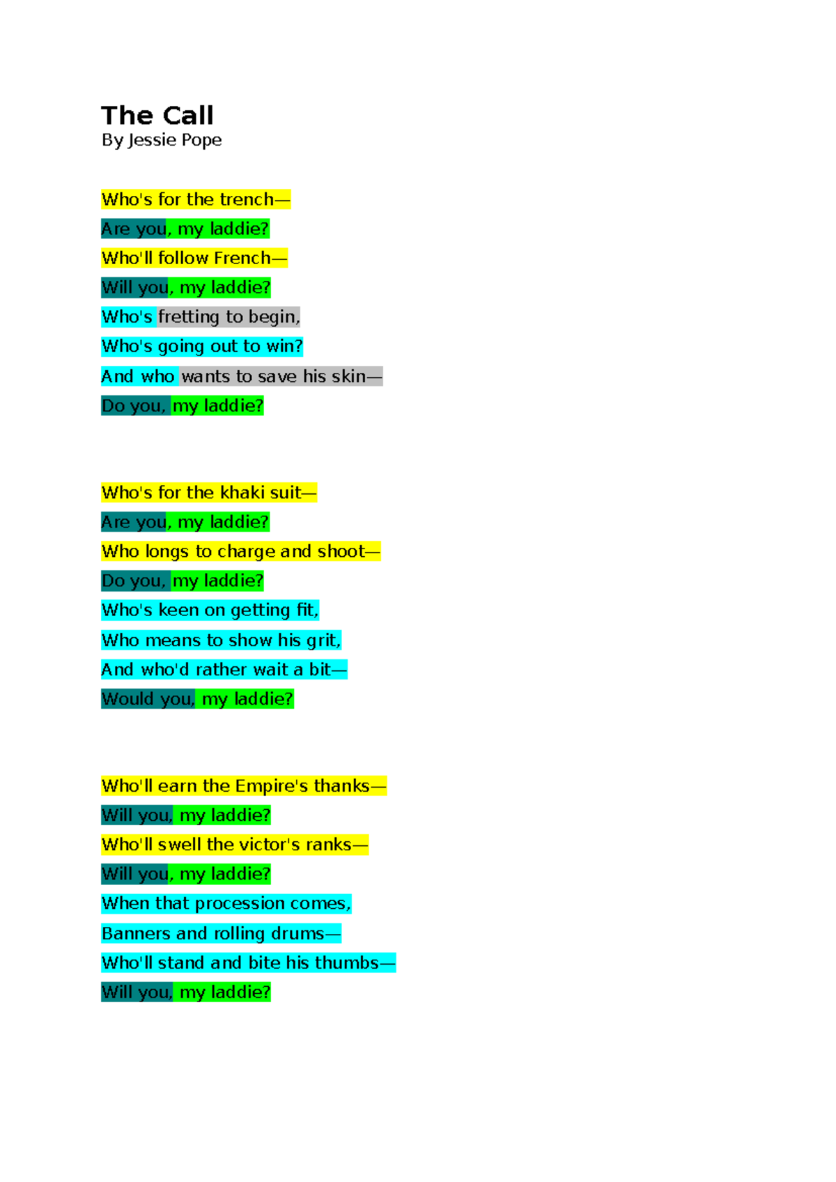 ENG 101: 'The Call' Poetry Analysis & Questions Guide - Studocu