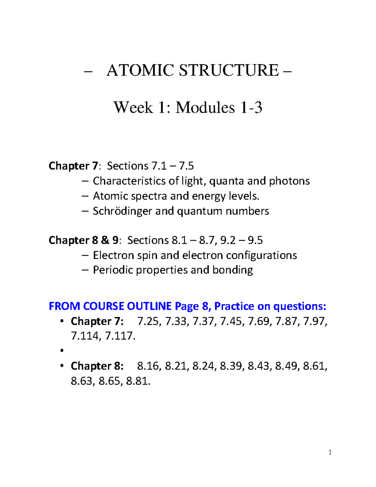ATOMIC STRUCTURE (CHEM 101) Lecture Notes & Practice Questions - Studocu