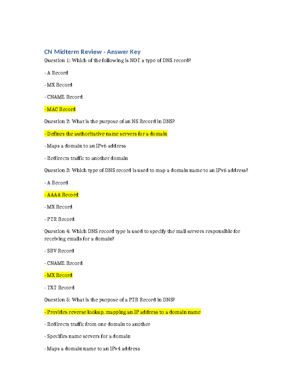 CN Midterm Review Answers: DNS, DHCP, and Transport Layer Concepts ...