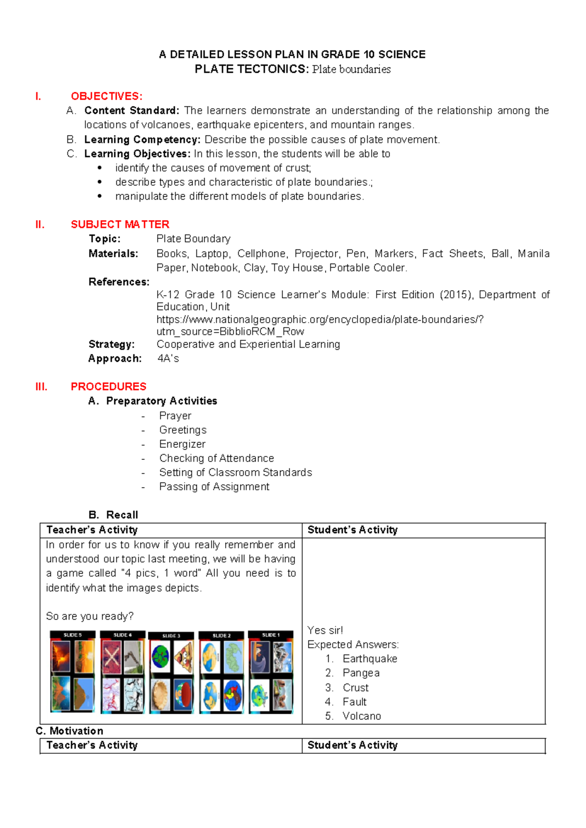 Science 10-COT-Q1 - Detailed Lesson Plan on Plate Tectonics - Studocu