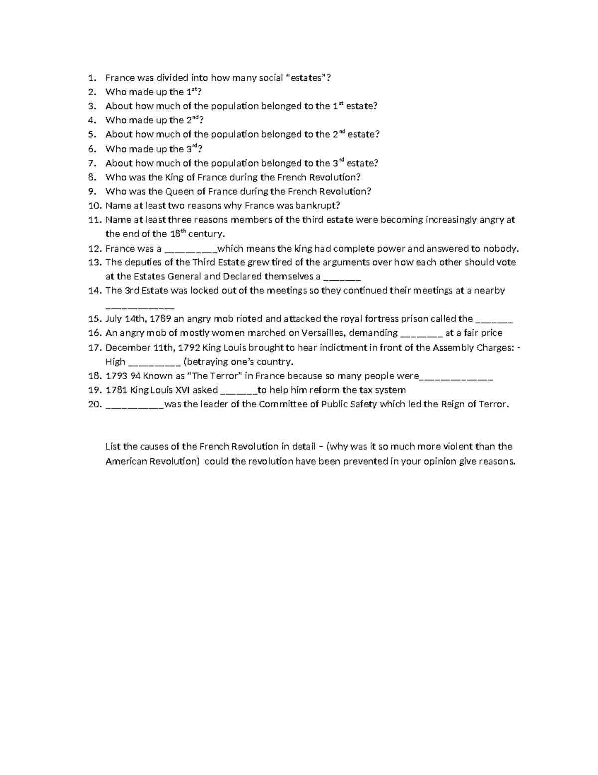 French Revolution Study Guide: Key Events and Causes Analysis - Studocu