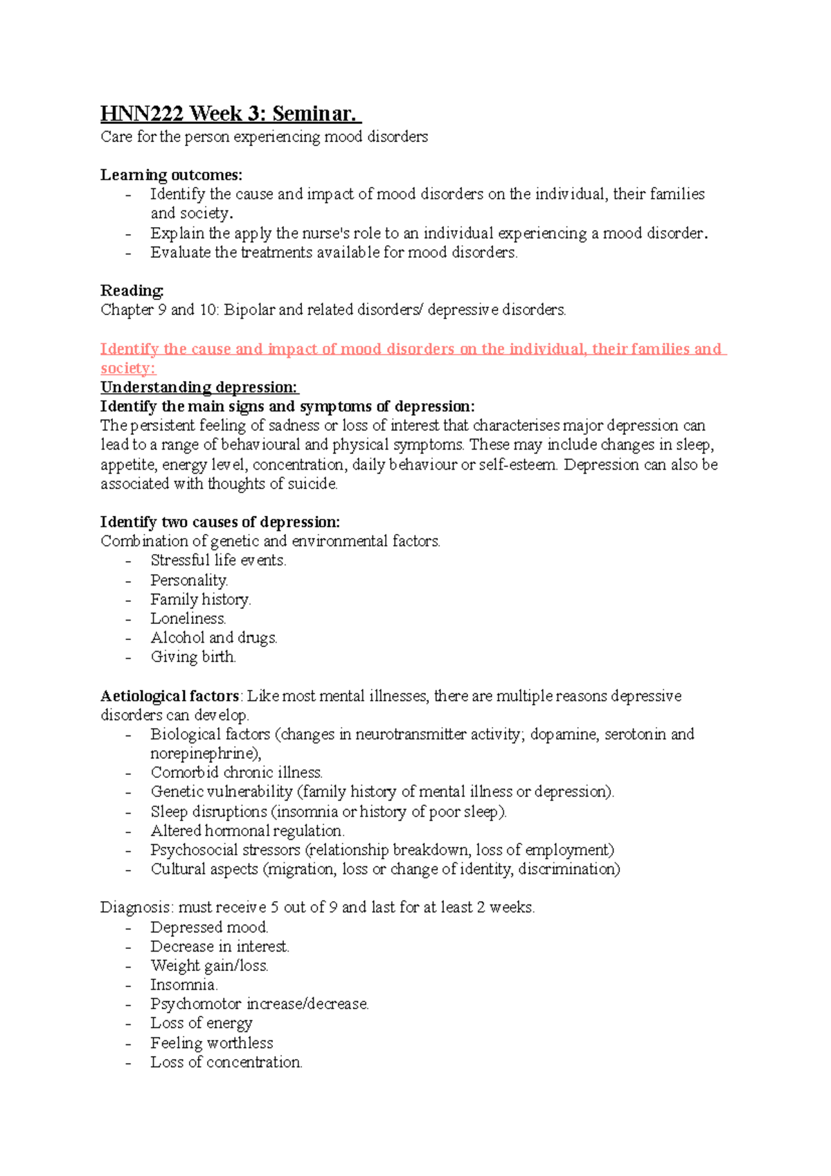 HNN222 Week 3 Seminar Notes: Understanding Mood Disorders and Care ...