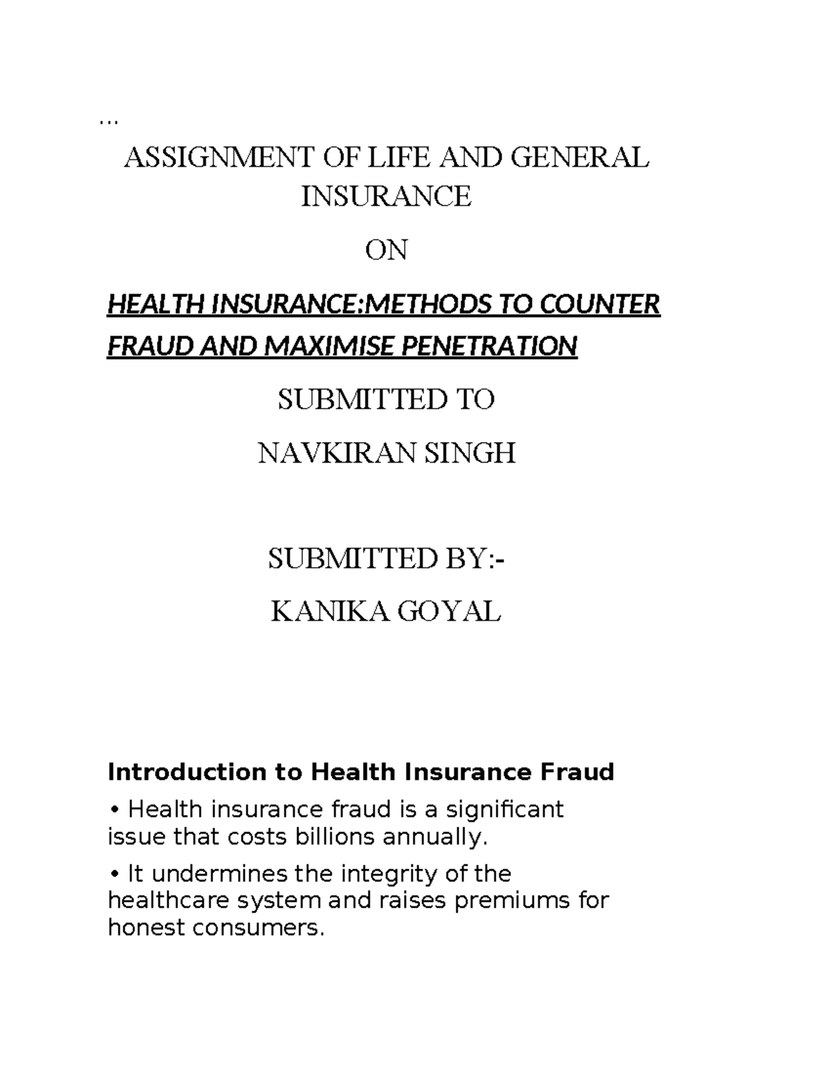 Assignment OF LIFE AND General Insurance - ... ASSIGNMENT OF LIFE AND ...