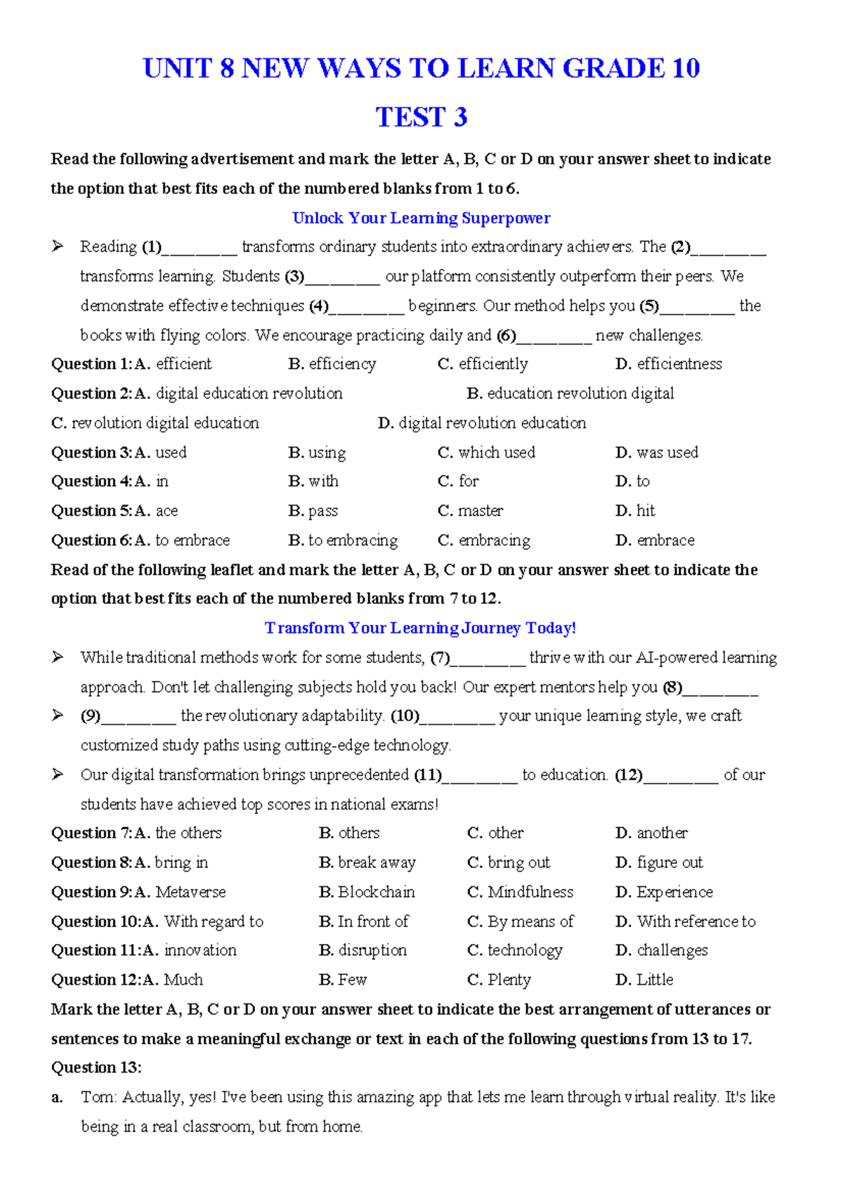 UNIT 8 G10 TEST 3: Unlocking New Learning Methods - Studocu