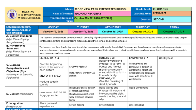 MATATAG K to 10 Curriculum Weekly Lesson Log Q2 W8 - Studocu