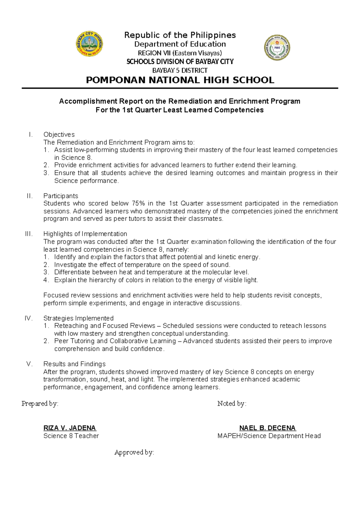 Accomplishment Report on Remediation & Enrichment Program for Science 8 ...
