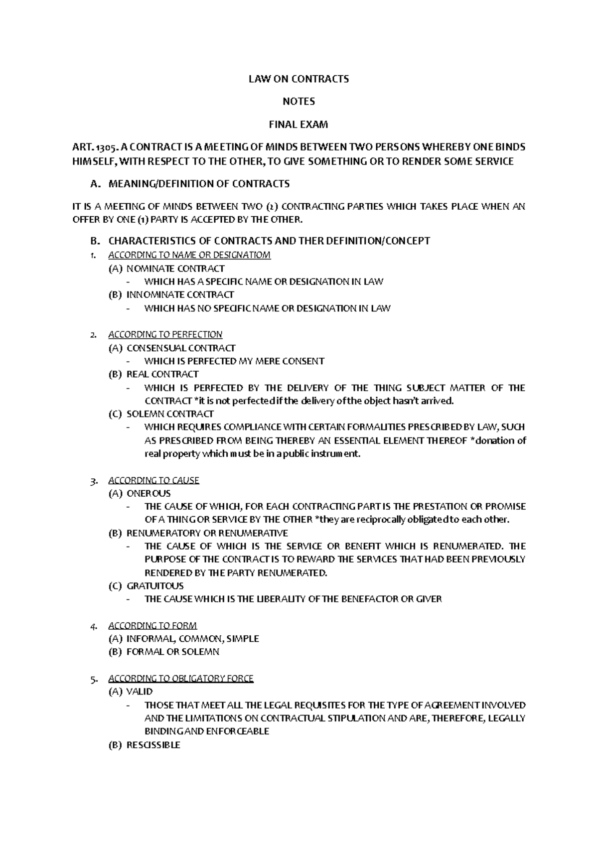 LAW ON CONTRACTS NOTES FINAL EXAM: KEY CONCEPTS AND DEFINITIONS - Studocu