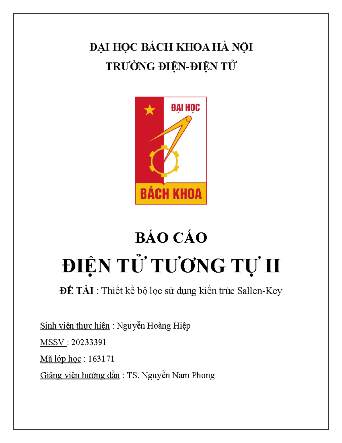 Bài Tập Thiết Kế Bộ Lọc Sallen-Key - ĐH Bách Khoa Hà Nội - Document Preview