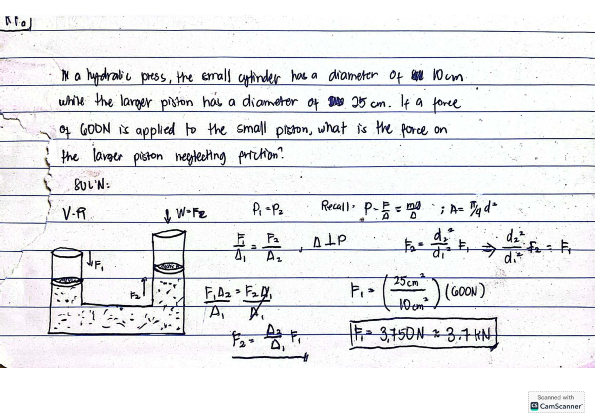 Fluid Mechanics Notes: Hydraulic Press Force Calculation - Studocu