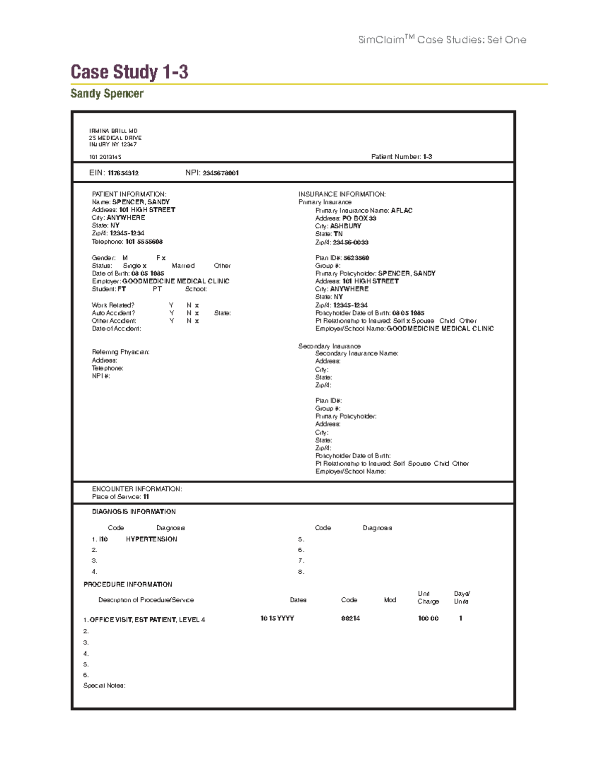 SimClaimTM Case Study: Sandy Spencer - Patient Info & Insurance Details ...
