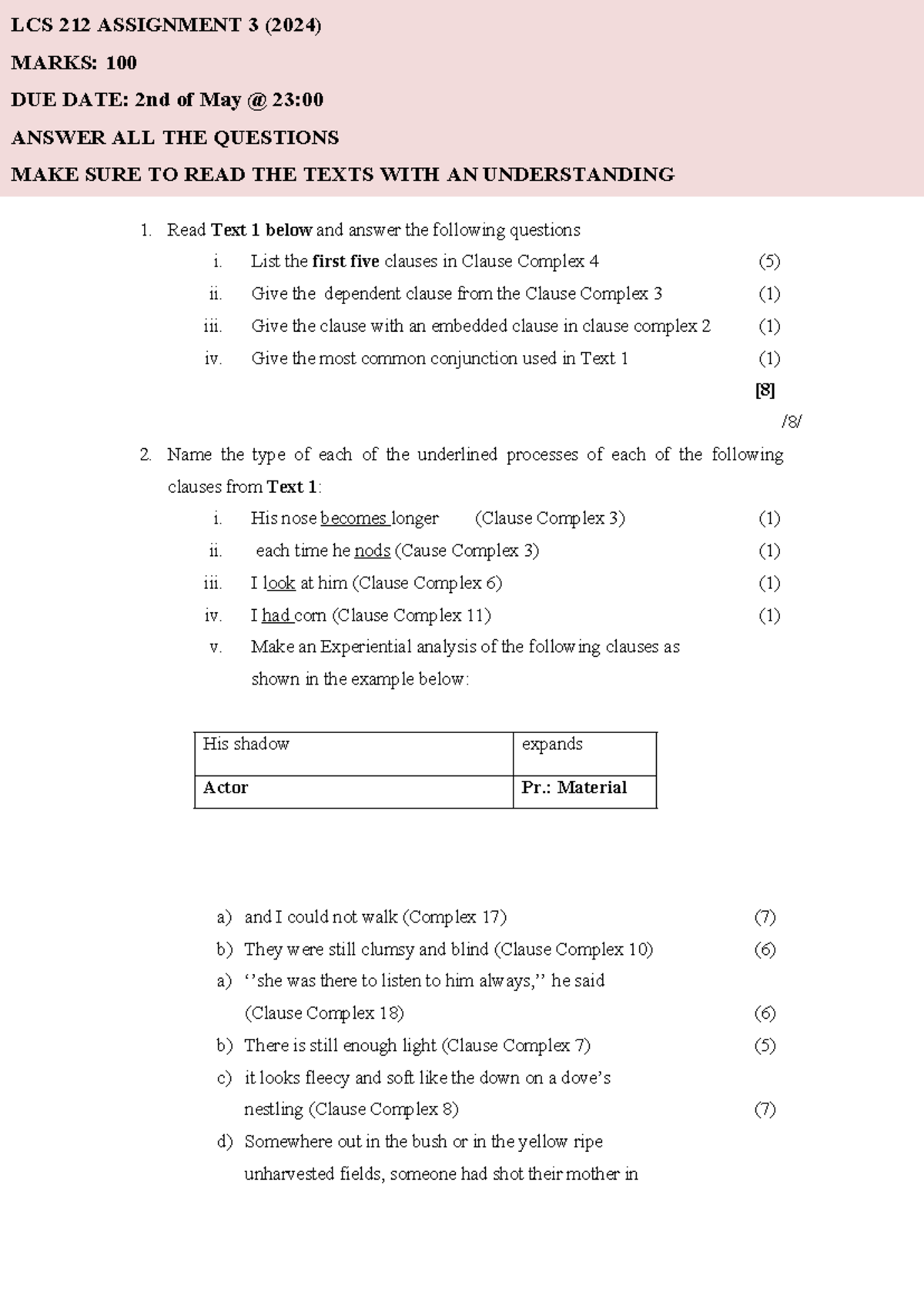 LCS 212 Assignment 3: Clause Complex Analysis and Textual Themes (2024 ...