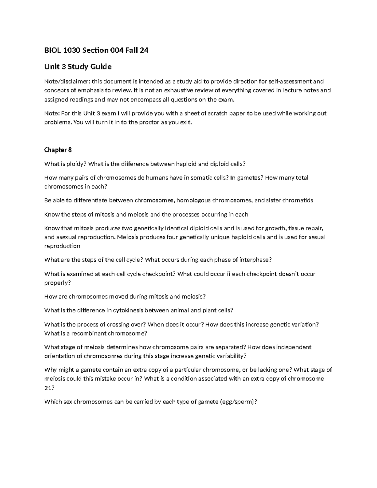 BIOL 1030 Final Exam Study Guide: Unit 3 Review and Prep - Studocu