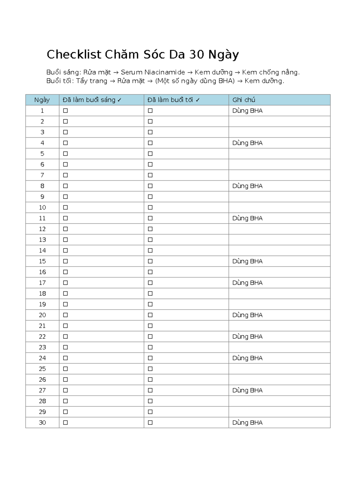 Checklist Chăm Sóc Da 30 Ngày: Sáng & Tối - Studocu