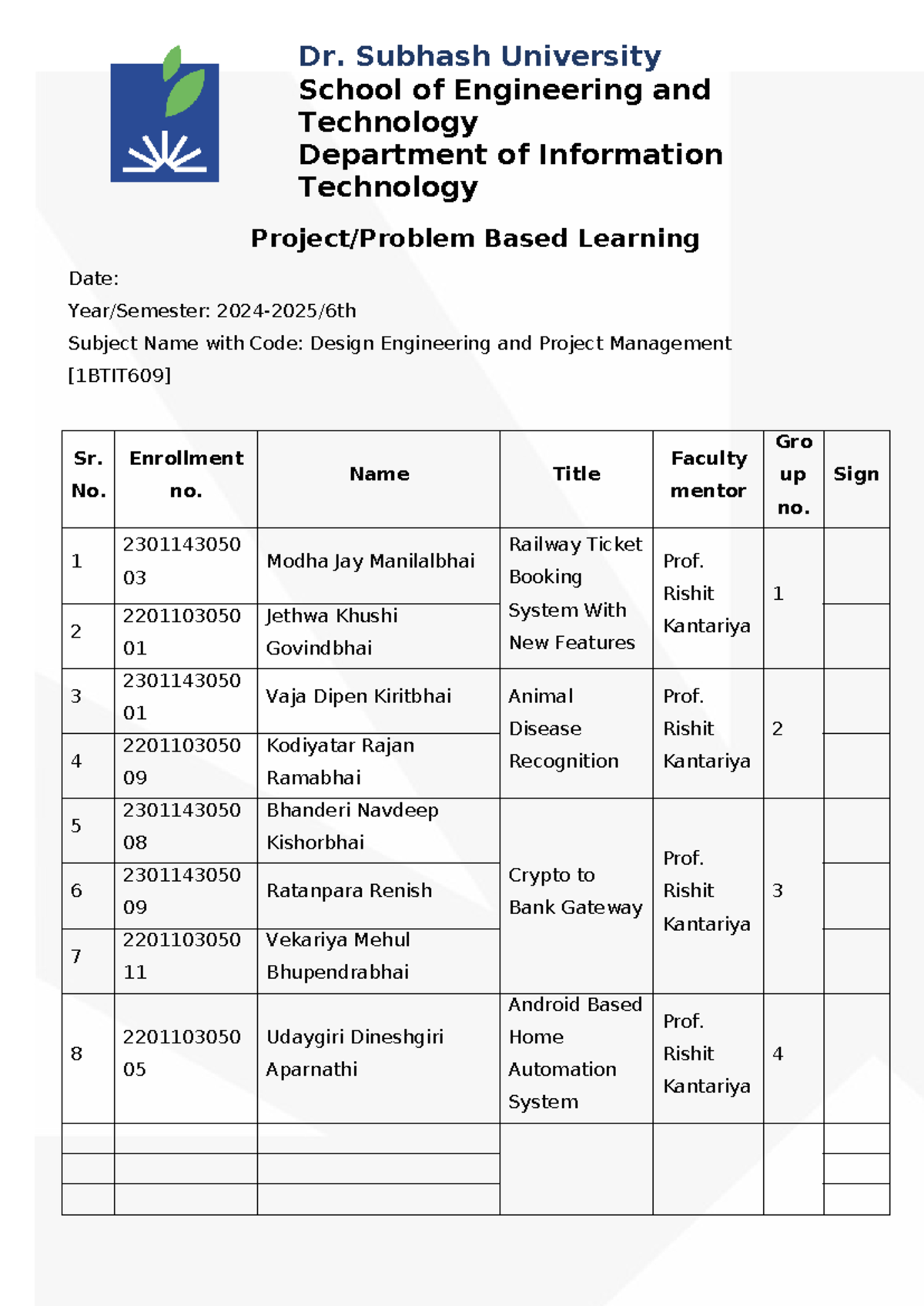 Project list for final year in design engineering and project ...