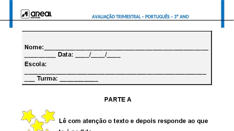 AVALIAÇÃO TRIMESTRAL PORTUGUÊS 3º ANO - Análise de Texto e Questões ...