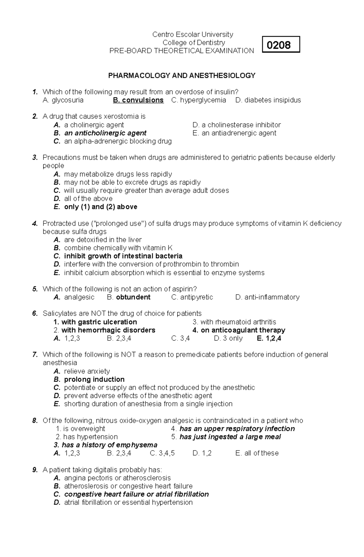 PHA ANE 0208 - Pre-Board Theoretical Exam Study Questions and Answers ...
