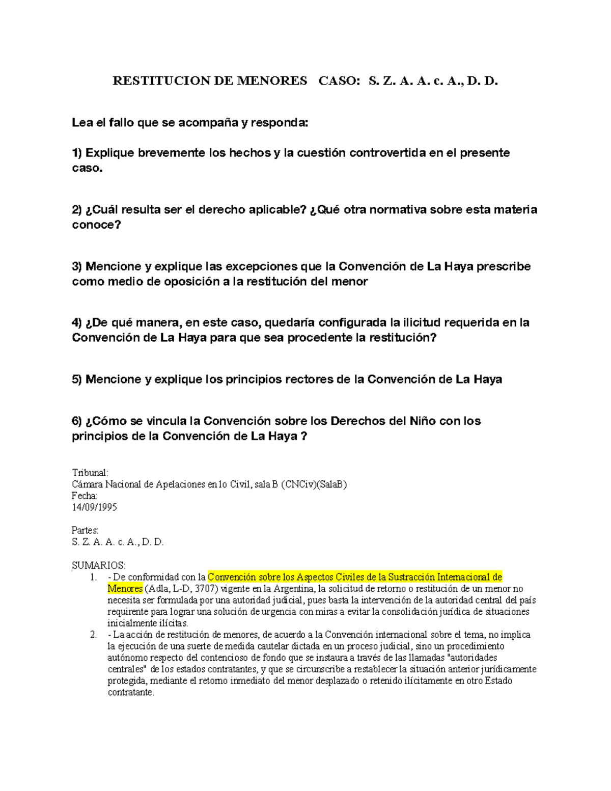 Restitución Internacional de Menores: Caso S. Z. A. A. c. A., D. D ...