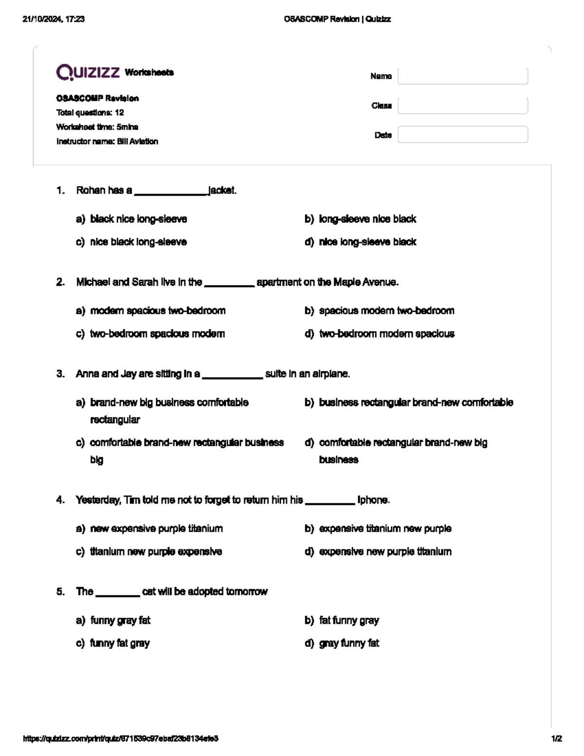 Osascomp - Just order of adjective - 17:23 OSASCOMP Revision I Quizizz ...