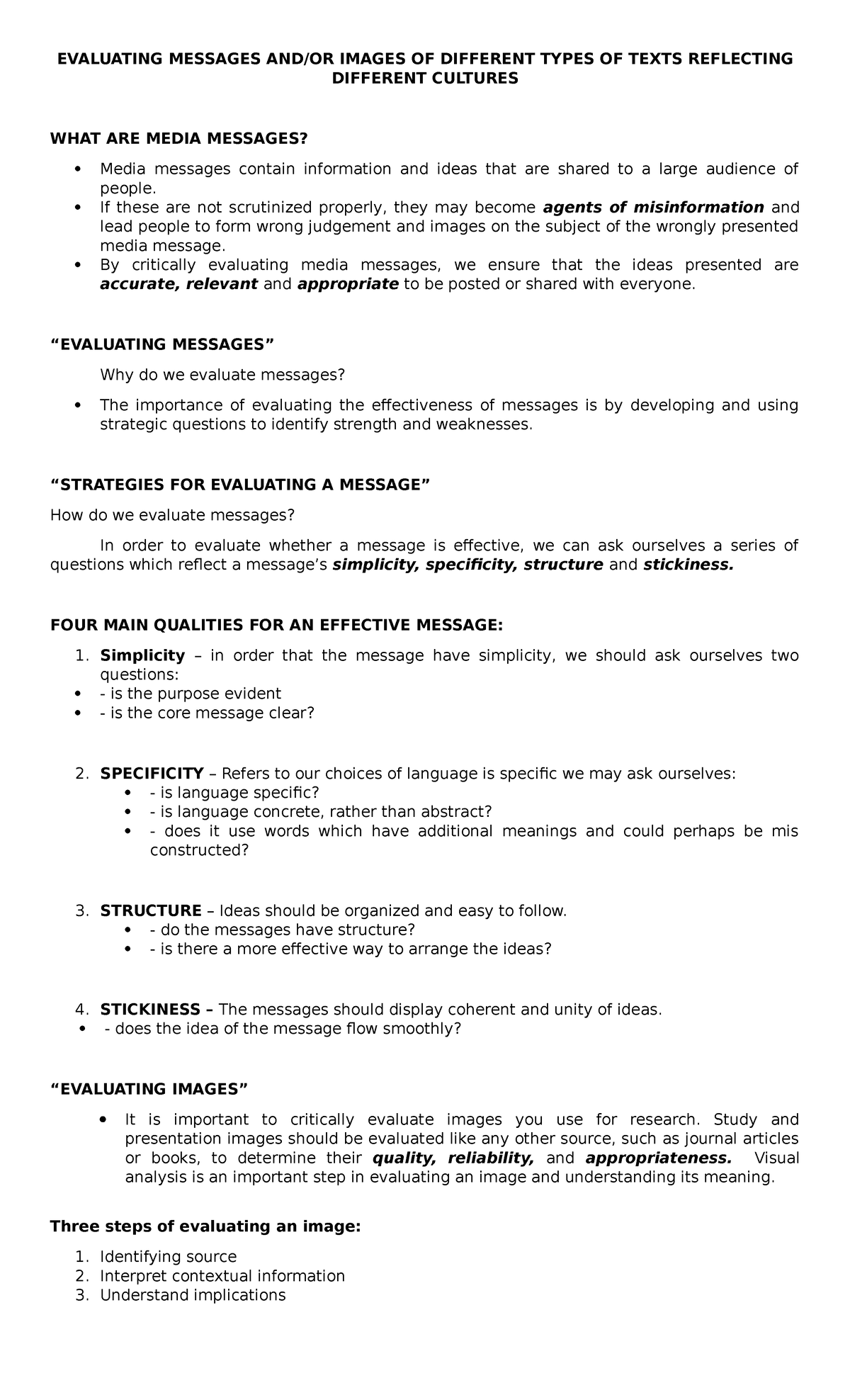 EVALUATING MESSAGES AND/OR IMAGES OF DIFFERENT TYPES OF TEXTS ...