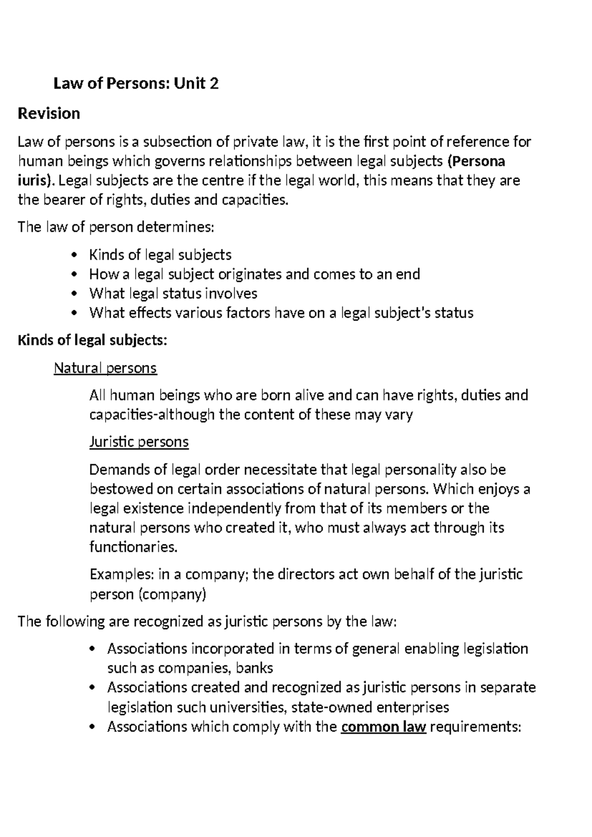 PVL 2104 Final Exam Notes: Summary on Law of Persons Units - Studocu