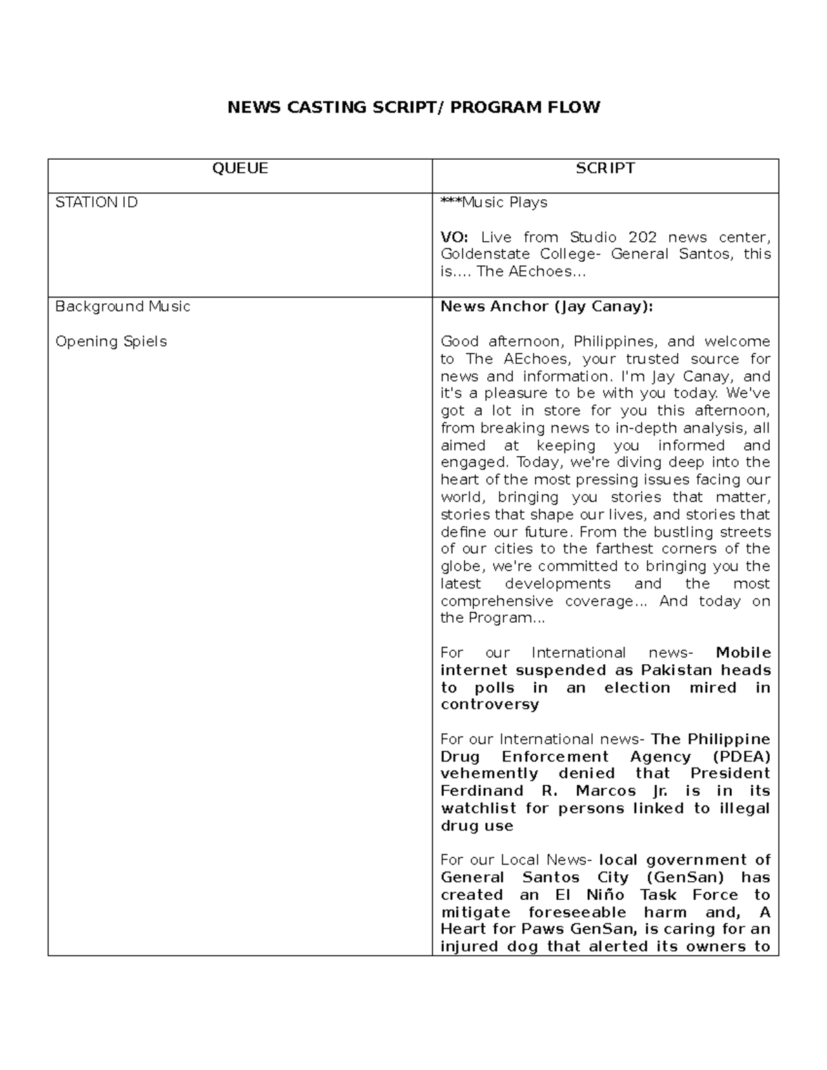 NEWS Casting Script for AEchoes Program Flow - Studocu