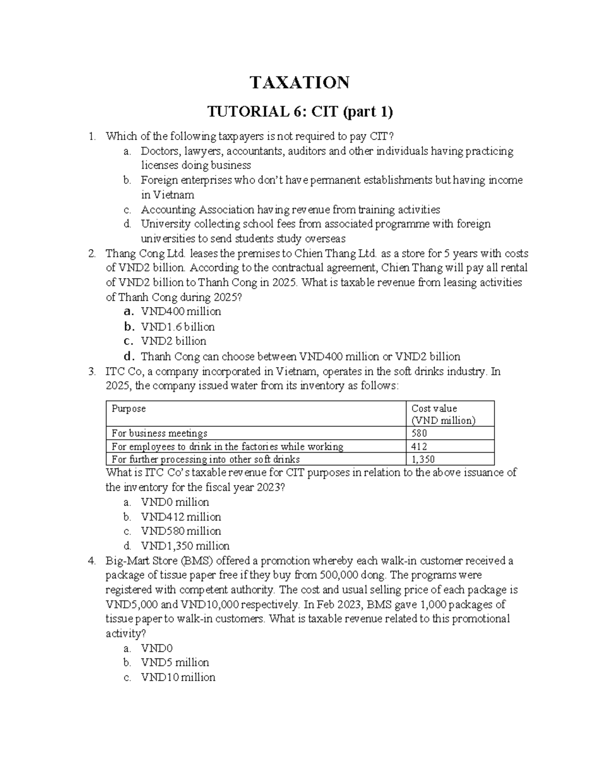 TAX 26 - Tutorial 6: Corporate Income Tax (CIT) Exercises - Studocu