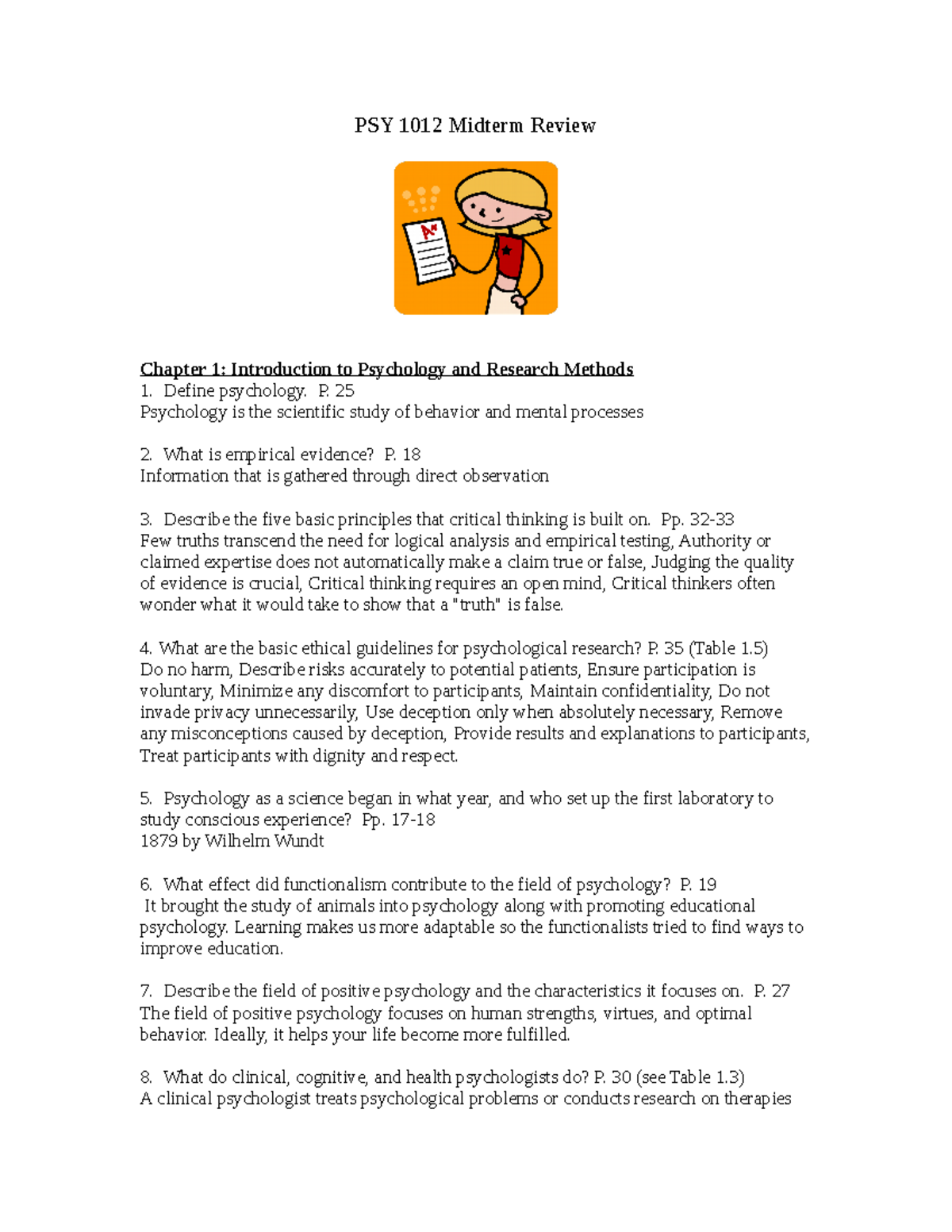 PSY 1012 Midterm Review: Key Concepts from Chapters 1, 3, 5, and 6