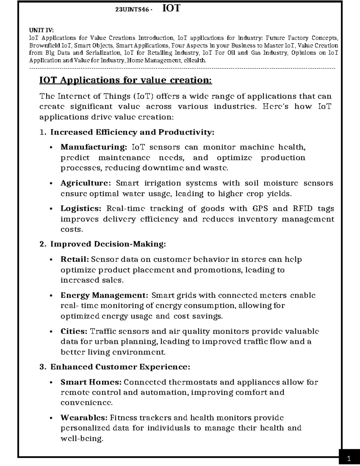 23UINTS46 IOT APPLICATION UNIT IV: Value Creation through IoT ...