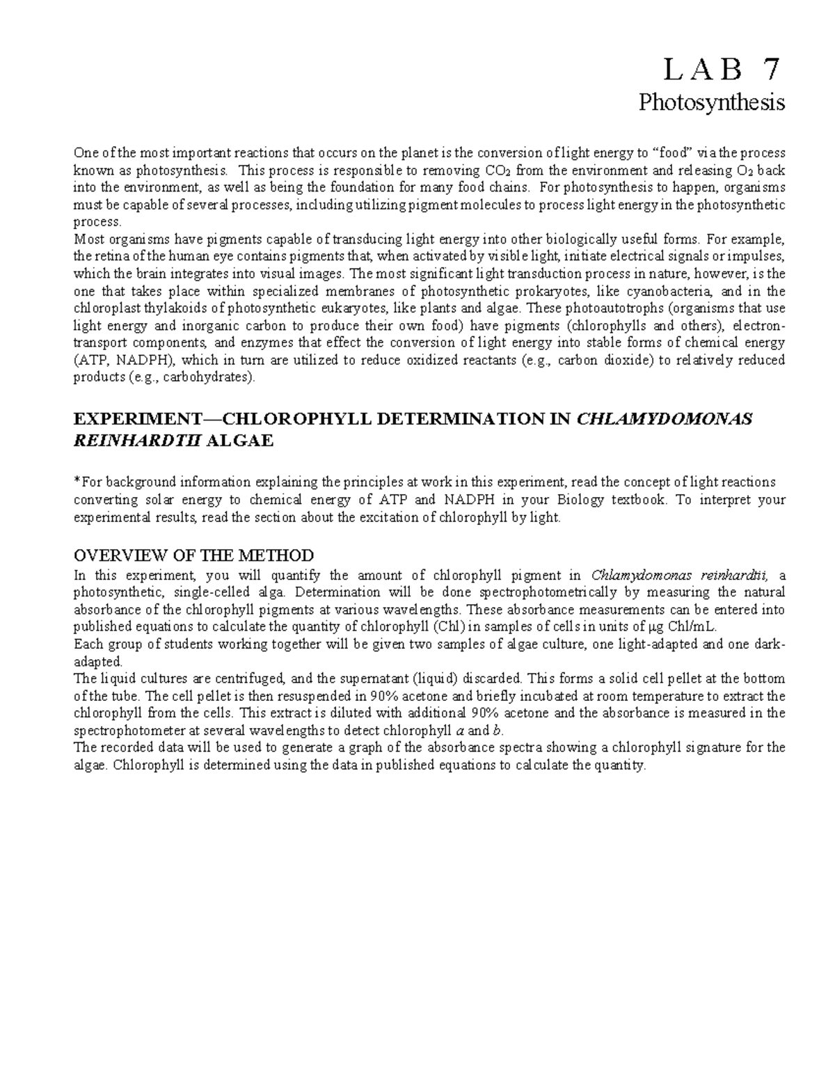 Lab 7: Chlorophyll Determination in Chlamydomonas - BIOL203L - Studocu