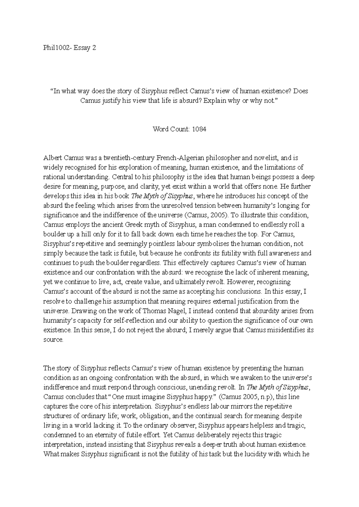 Essay 2: The Absurdity of Existence in Camus' Sisyphus - Studocu