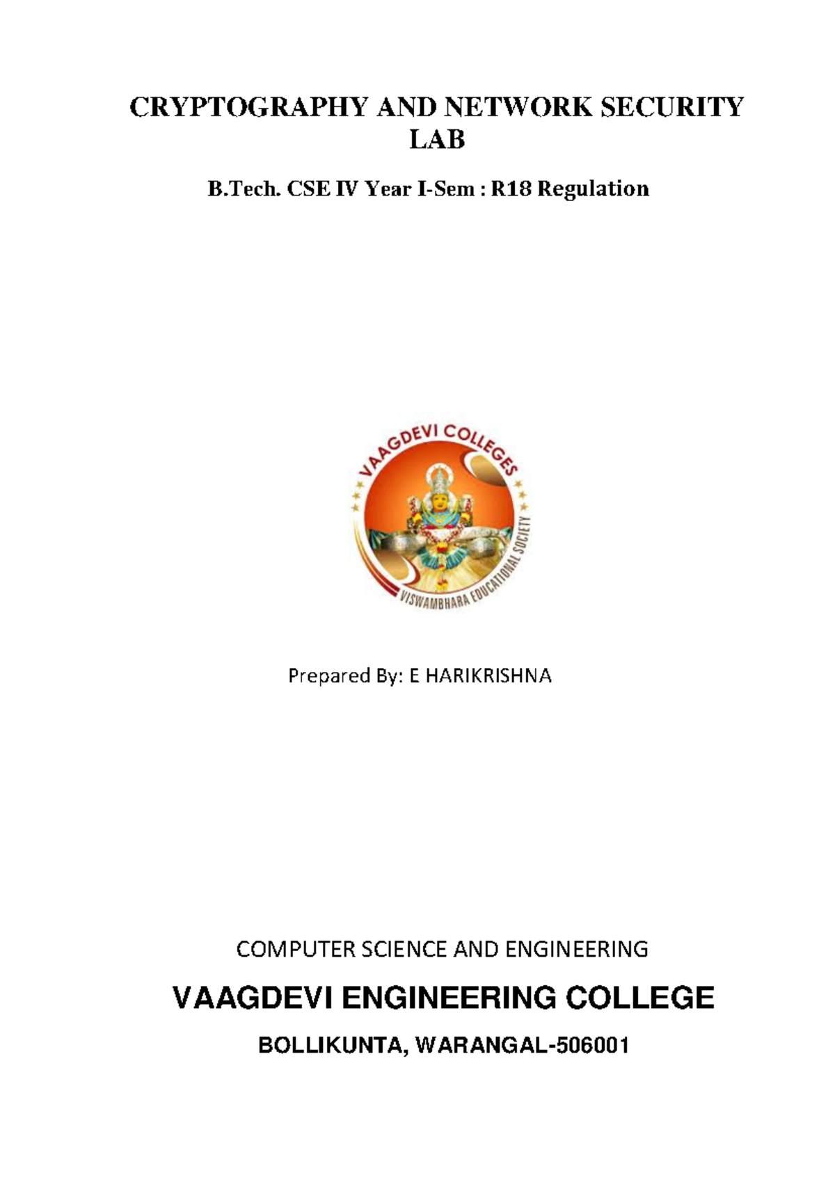 CSE IV Year I-Sem R18: Cryptography & Network Security Lab Experiments - Document Preview