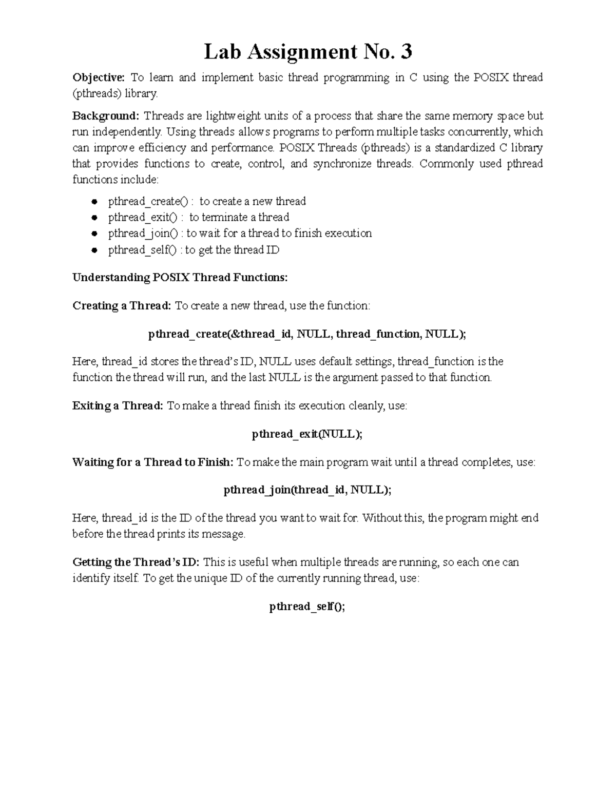 OS Lab Assignment No. 3: POSIX Thread Management Guide - Studocu