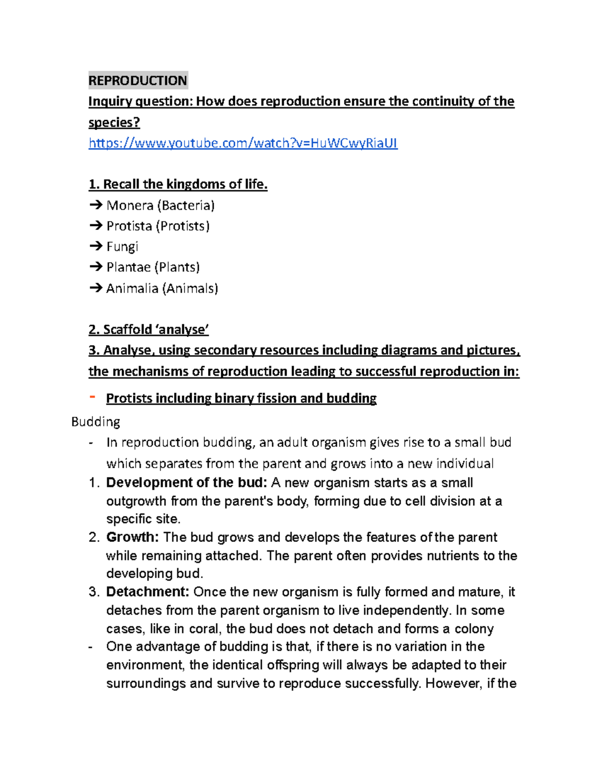 BIOL 101: Reproduction Mechanisms and Species Continuity Analysis - Studocu