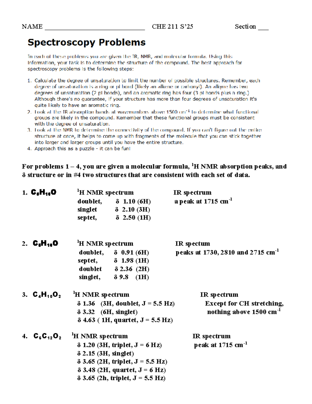 2025 NMR Problems for lab report - NAME ...