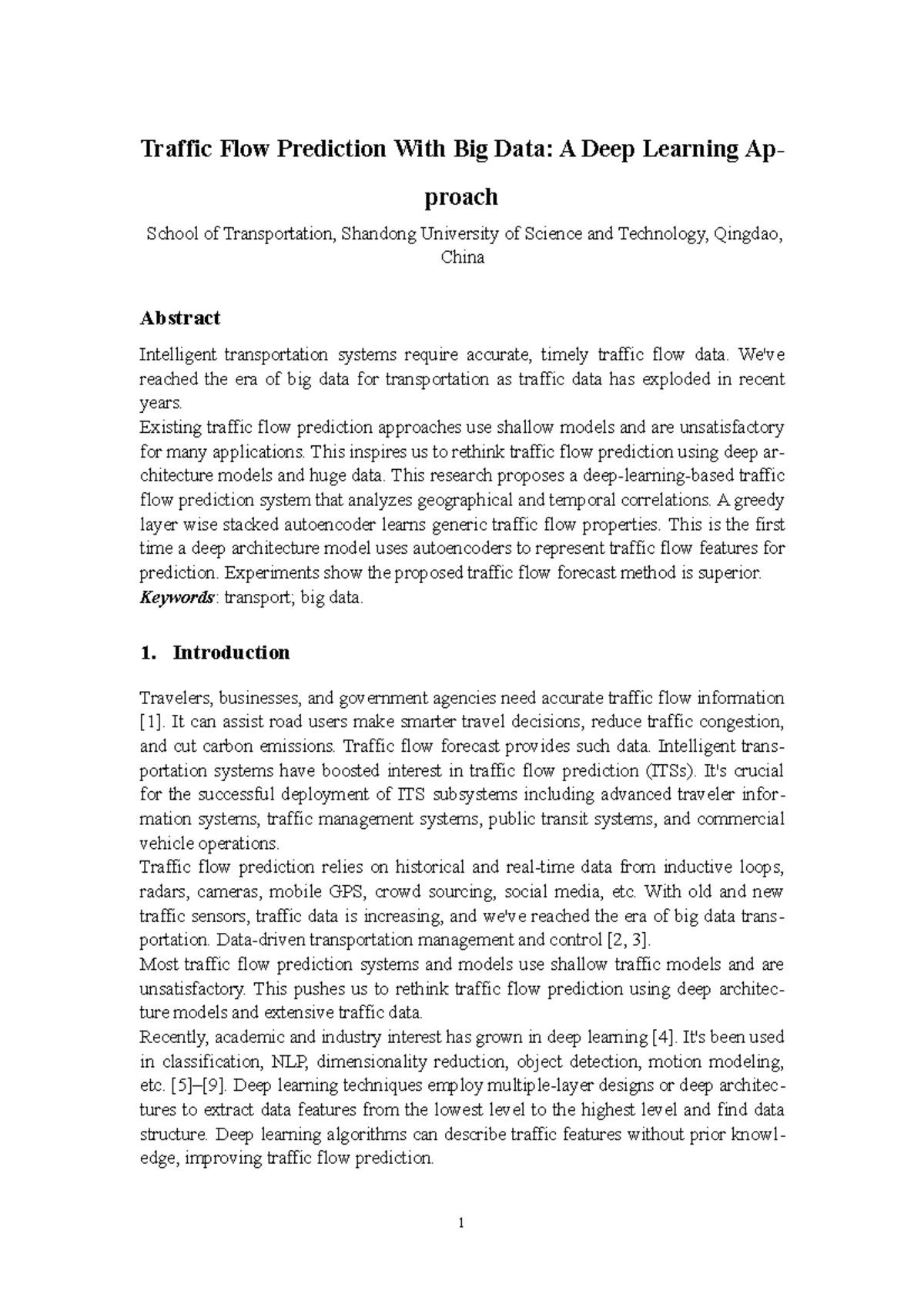 Traffic Flow Prediction Using Deep Learning: A SAE Approach - Studocu