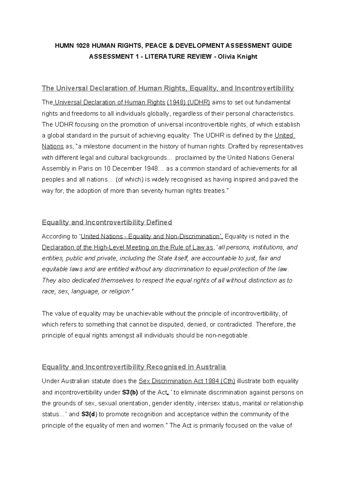 HUMN 1028 Human Rights Assessment 1: Literature Review on Equality and ...